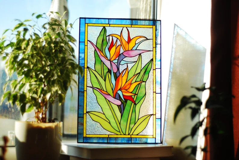 Stained bird of paradise glass window hangings suncatcher
